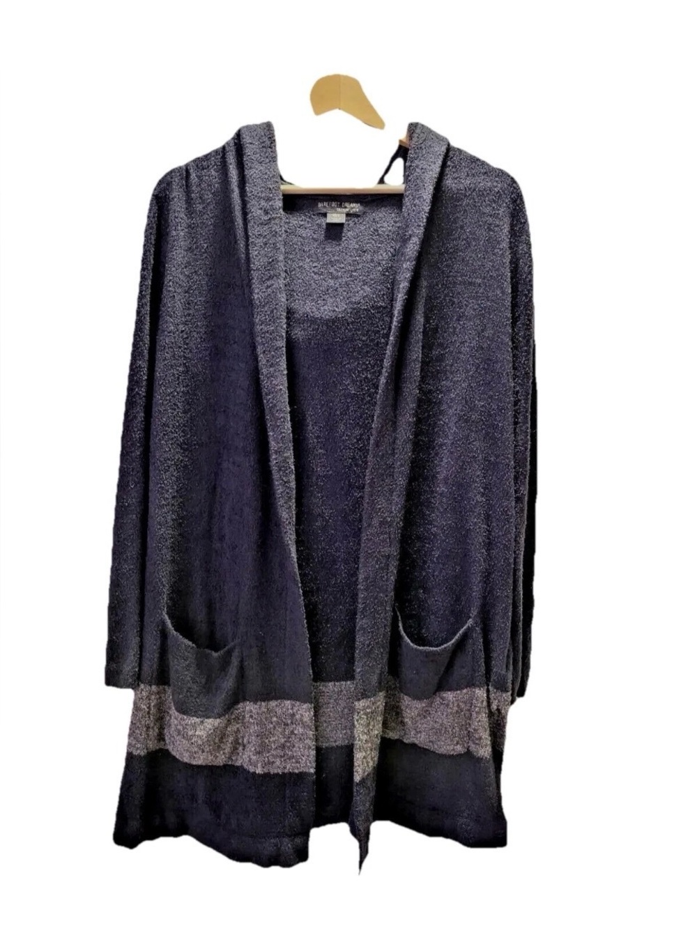 Barefoot Dreams Hooded Open-Front Cardigan in Navy with Gray Band